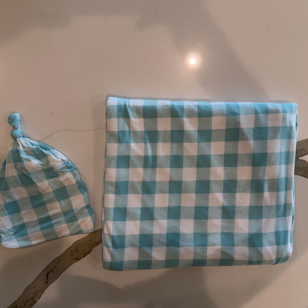 Little Sleepies Teal and White Gingham Newborn Swaddle and Hat Set